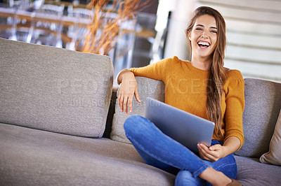 Buy stock photo Portrait, home and woman with a laptop, smile and connection with research in a living room. Person, apartment and girl with a computer and online learning with website information, tech or education