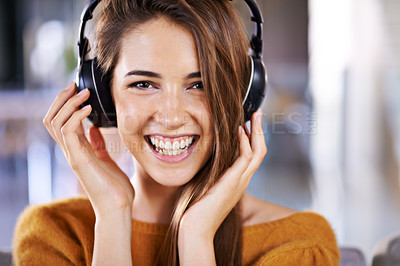 Buy stock photo Woman, headphones and portrait for audio in home, relax and streaming radio for music or sound. Female person, couch and listening on sofa for peace, comfortable and hearing jazz playlist on weekend