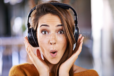 Buy stock photo Woman, headphones and portrait for surprise or excited, relax and streaming radio for music or audio. Female person, home and shock inside for peace, comfortable and hearing jazz playlist on weekend