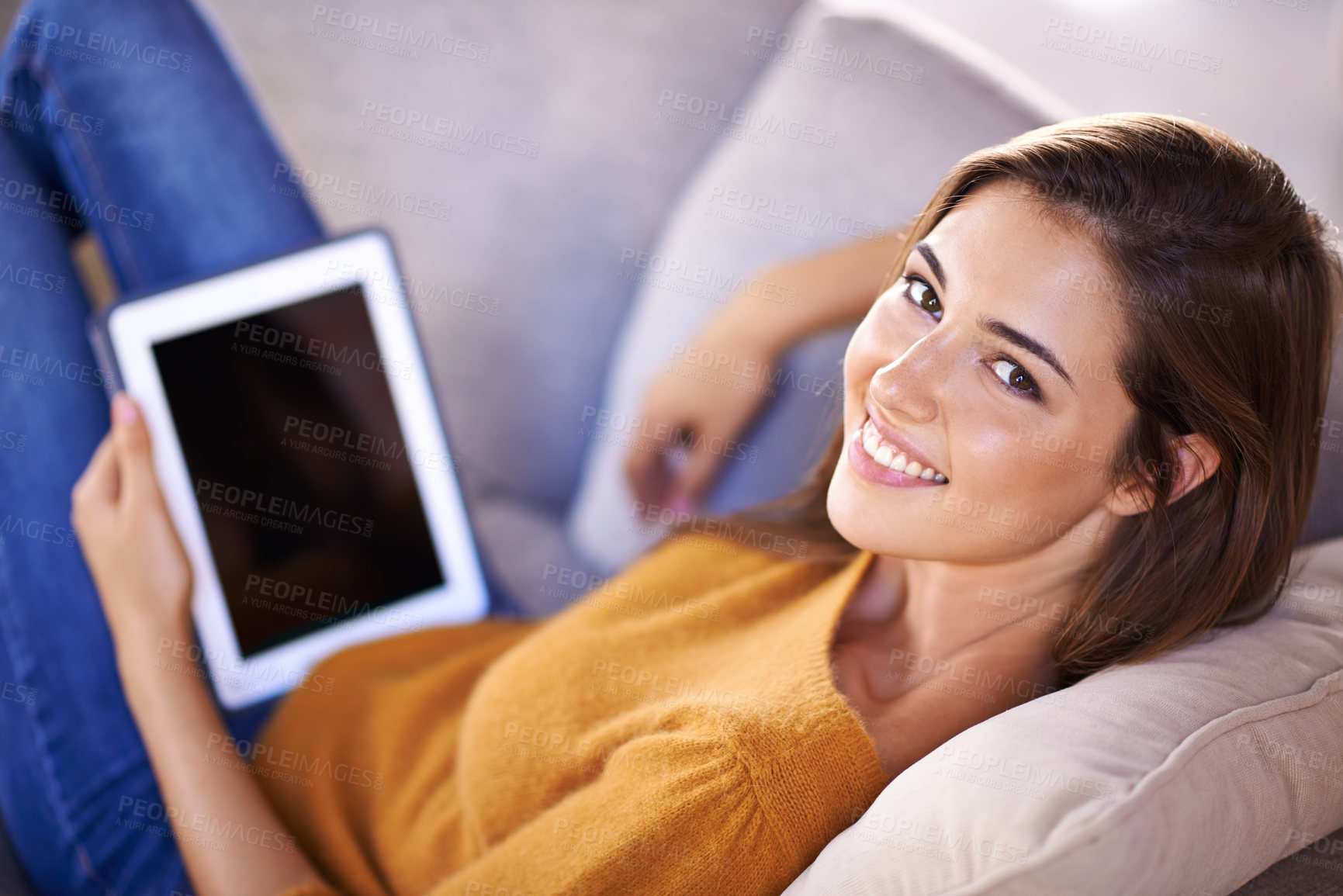 Buy stock photo Woman, portrait and relax on couch with tablet for internet browsing or social media, online shopping and website. Female person, digital technology and sofa to lounge with connectivity and peaceful.