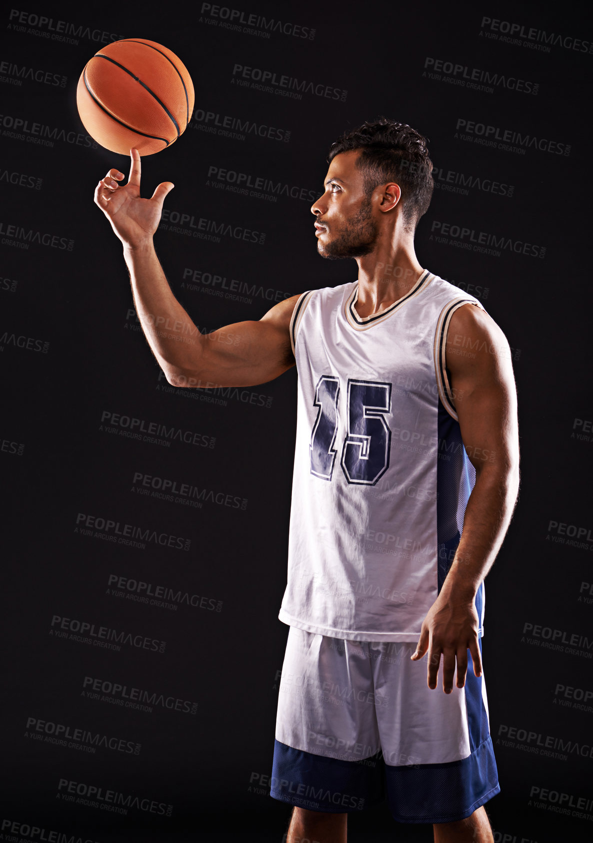 Buy stock photo Man, finger and basketball player in studio as sports athlete for workout competition, training or black background. Male person, ball and exercise champion or professional, fitness or mockup space
