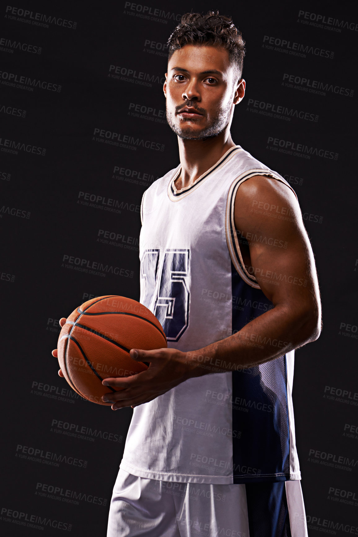 Buy stock photo Man, portrait and basketball player in studio as sports athlete for workout competition, training or black background. Male person, face and exercise champion or professional, fitness or mockup space