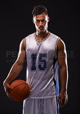 Buy stock photo Man, portrait and basketball player in studio for training, competition and fitness on black background. Professional athlete, career and exercise with ball for game, hobby and healthy model in sport