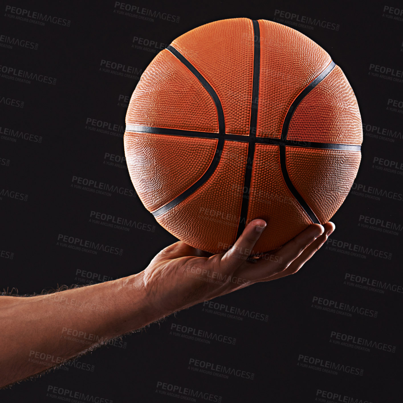 Buy stock photo Hand, basketball and sports game in studio for player performance, exercise or black background. Person, training and workout competition for hobby practice as fit athlete, fitness or mockup space