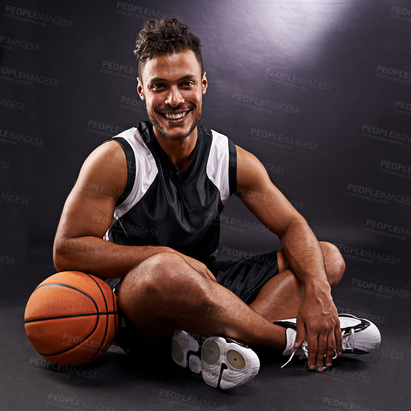 Buy stock photo Man, portrait and basketball player with smile for sports performance, competition or black background. Male person, face and healthy wellness with pride for training workout, studio or mockup space