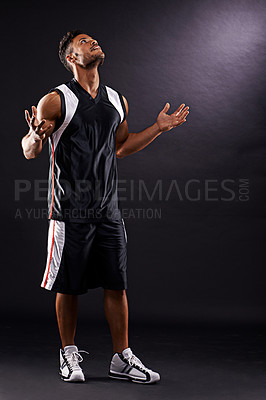 Buy stock photo Basketball player, fitness or thinking of question, solution or idea of health, workout or training. Man, vision or prayer to ask, remember or planning of miracle, dream or performance in game