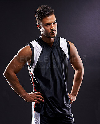 Buy stock photo Man, athlete and thinking confidence in studio as basketball player or professional workout, pride or black background. Male person, thoughts and exercise training or sport game, fitness or mockup
