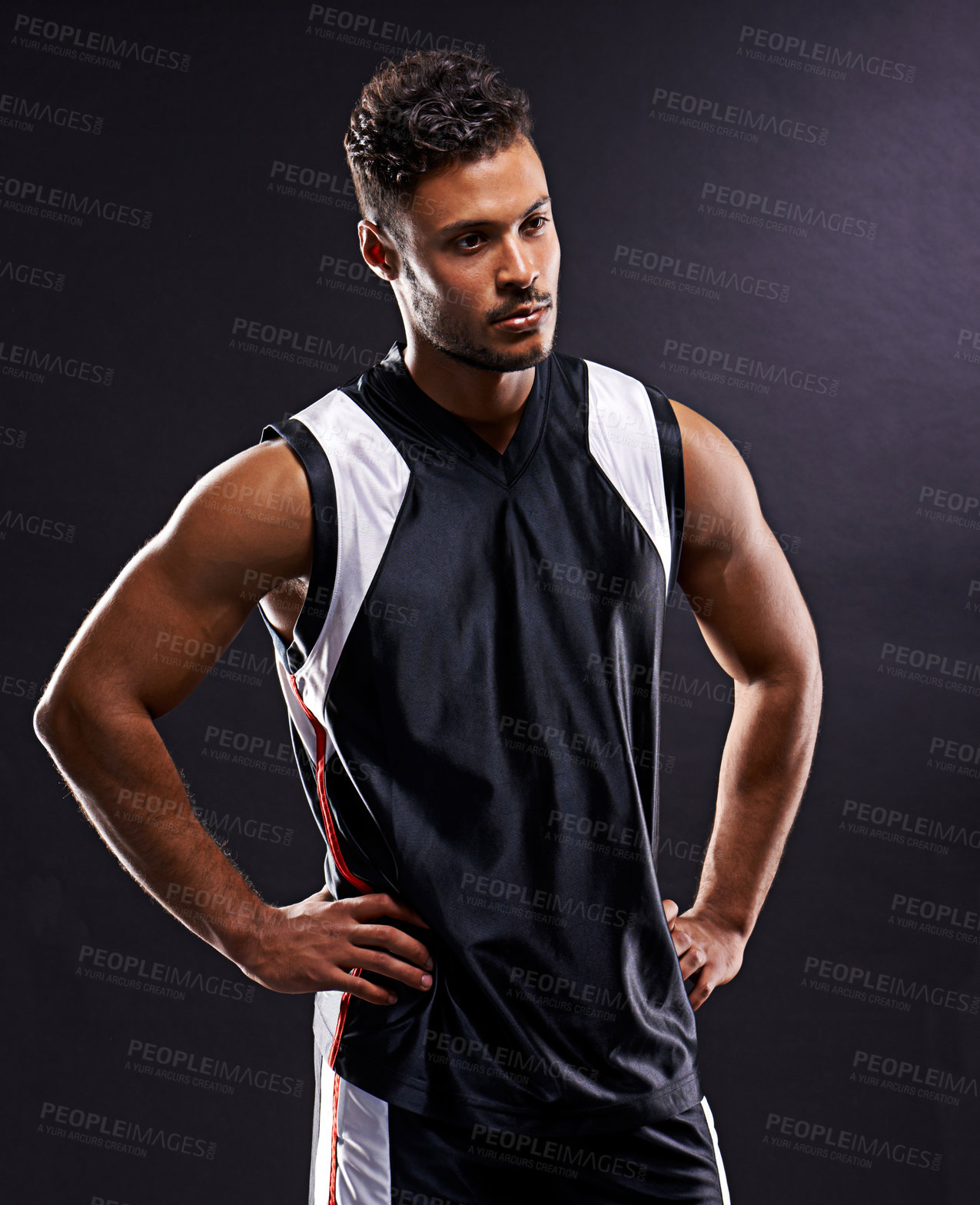 Buy stock photo Man, athlete and thinking confidence in studio as basketball player or professional workout, pride or black background. Male person, thoughts and exercise training or sport game, fitness or mockup