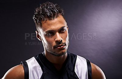 Buy stock photo Man, athlete and thinking confidence for exercise as basketball player or professional, pride or black background. Male person, thoughts and workout training or sport game, fitness or mockup space