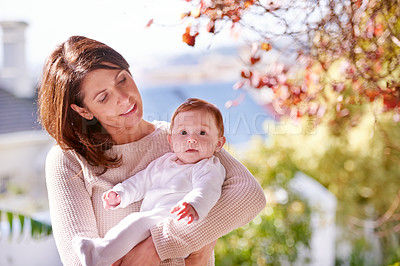 Buy stock photo Woman, baby and portrait in nature for development, infant and childhood for cute and curious in summer. Mother, child or little girl in arms for bonding, fragile and  junior for newborn and family 