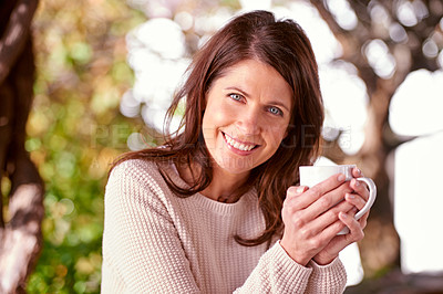 Buy stock photo Portrait, smile and woman drinking coffee, cappuccino or espresso in backyard garden of home. Bokeh, morning and face of female person with cup of tea for relax, peace and happiness in nature