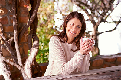 Buy stock photo Morning, portrait and woman drinking coffee, espresso or cappuccino in backyard garden of home. Bokeh, smile and face of female person with hot beverage for relax, peace and happiness in nature