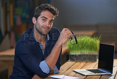 Buy stock photo Portrait, relax or man on laptop for research, information and email for blog, article and copywriting in a startup. Journalist, freelancer and confident writer on break in modern office with notes