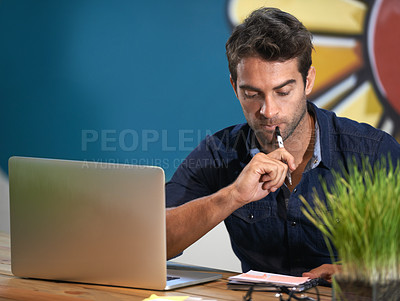 Buy stock photo Notes, creative and man at laptop thinking for solution, online research and brain fog in office. Brainstorming, computer and designer at desk with professional career, business plan and startup idea