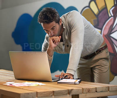 Buy stock photo Problem solving, creative and man at laptop thinking for solution, online research and ideas in office. Brainstorming, computer and designer at desk with professional career, business plan and email