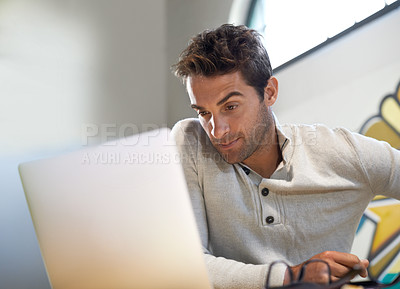 Buy stock photo Man, laptop or vision of business, planning or solution to tech glitch, research or questions. Businessman, computer or thinking of startup, idea or professional communication in entrepreneurship