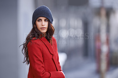 Buy stock photo Winter, fashion and woman with jacket in city for travel and walking commute in cool style with red coat. Streetwear, clothes and outdoor on sidewalk with confidence and pride in New York morning