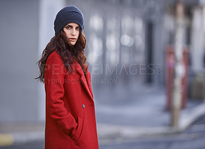 Buy stock photo Winter, jacket and woman with fashion in city for travel and walking commute in cool style with red coat. Streetwear, clothes and outdoor on sidewalk with confidence and pride in New York morning