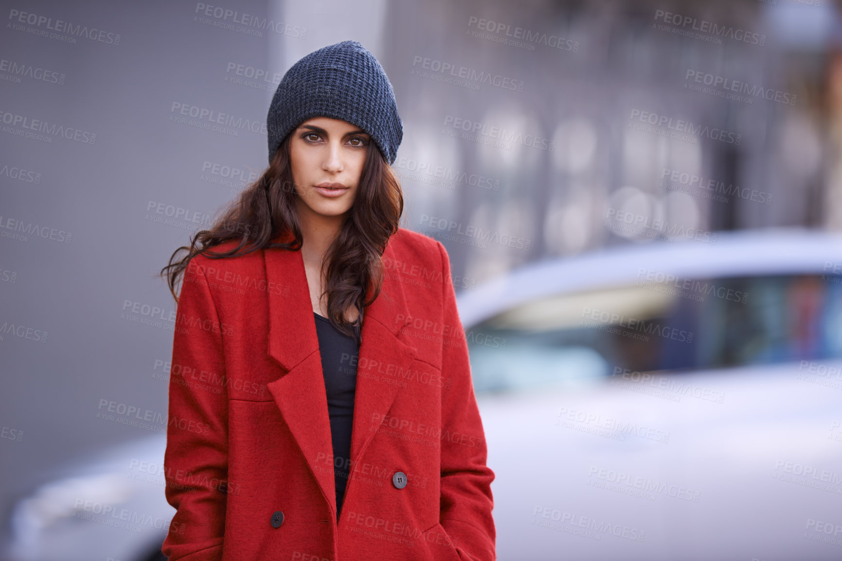 Buy stock photo Winter, fashion and portrait of woman in city with jacket for travel in cool style or red coat. Streetwear, clothes and girl outdoor on sidewalk with confidence and pride in New York morning commute