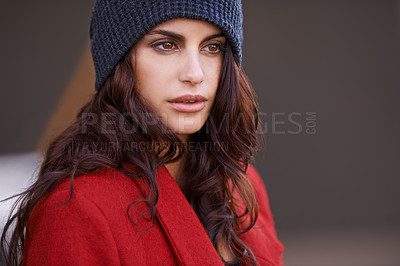 Buy stock photo Thinking, fashion and beauty with woman in winter and travel city with creative style in red coat. Streetwear, clothes and girl outdoor planning with confidence and pride in New York morning