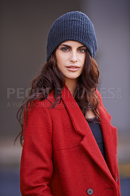Buy stock photo Portrait, fashion and woman with winter clothes, outdoor and confident girl in the city. Face, female person or model with a red winter coat, beanie or stylish outfit with lady in the road or street