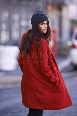 Buy stock photo Winter, fashion and portrait of woman in city with jacket for travel in cool style or red coat. Streetwear, clothes and girl walking with confidence and pride outdoor in New York morning commute
