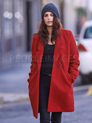 Buy stock photo Portrait of a beautiful young woman out and about in the city