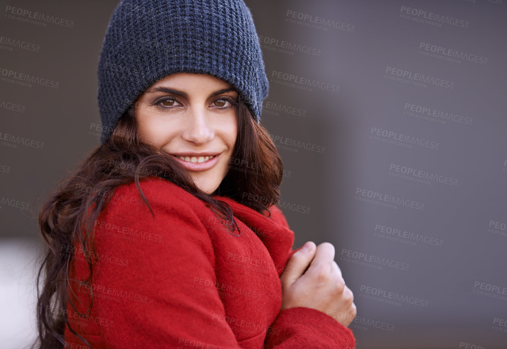 Buy stock photo Winter, fashion and portrait of woman in city with jacket for travel in cool style or red coat. Streetwear, clothes and girl outdoor with confidence, happiness and pride in New York morning commute