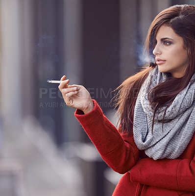 Buy stock photo Woman, fashion and cigarette in city to think for stress relief or break as habit or daily routine for pressure escape in New York. Female person, nicotine outdoor and smoke tobacco, contemplating