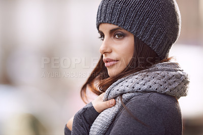 Buy stock photo Woman, cozy and fashion with beanie, cold and winter for comfort and warm. Designer, gen z and urban with trendy, style and autumn jacket with knit scarf and attitude for cool weather and relaxation