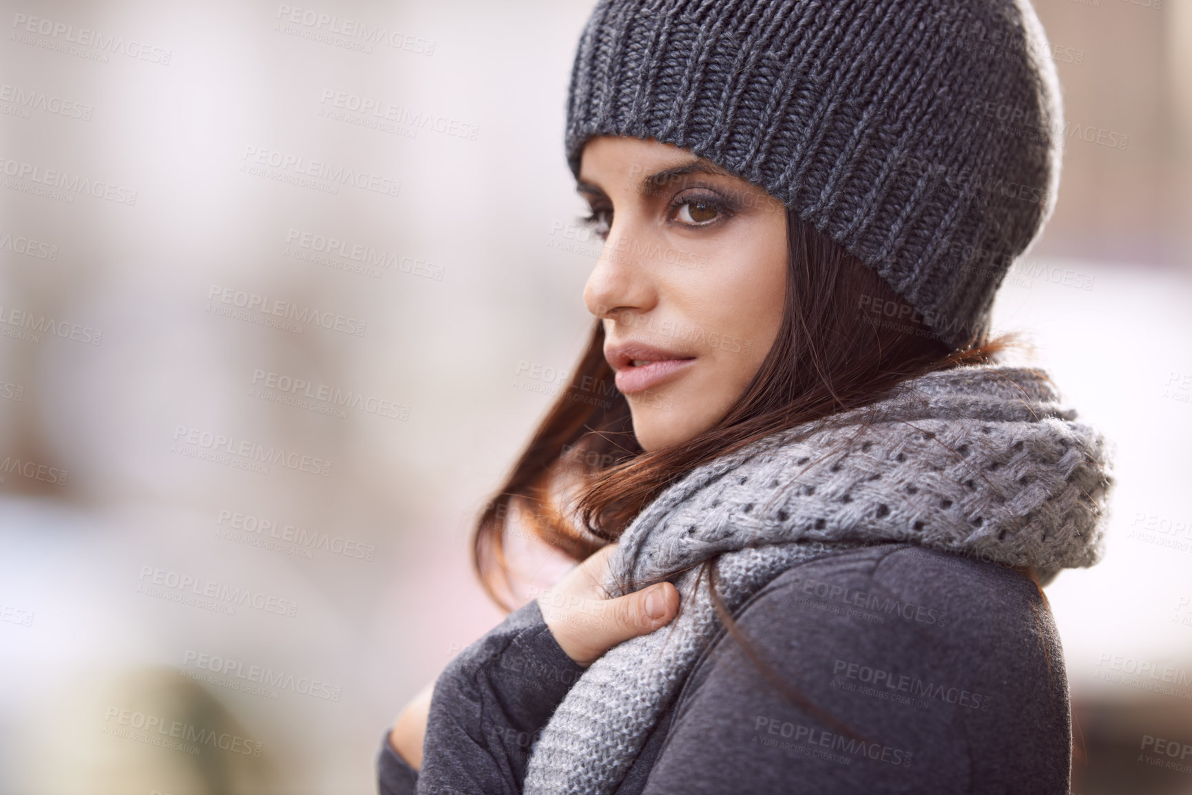 Buy stock photo Woman, cozy and fashion with beanie, cold and winter for comfort and warm. Designer, gen z and urban with trendy, style and autumn jacket with knit scarf and attitude for cool weather and relaxation