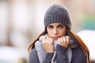 Buy stock photo Fashion, serious and portrait of woman in city with stylish, trendy and elegant coat for outfit. Travel, beautiful and female person with classy style with beanie for winter season in urban town.