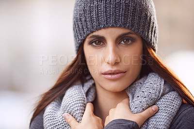 Buy stock photo Style, serious and portrait of woman in city with stylish, trendy and elegant coat for outfit. Travel, beautiful and female person with classy fashion with beanie for winter season in urban town.
