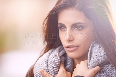 Buy stock photo Woman, cozy and fashion with scarf, cold and winter for comfort and warm. Designer, gen z and urban with trendy, style and autumn jacket with knit clothing and attitude for cool weather or relaxation
