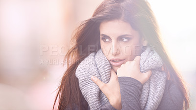 Buy stock photo Cropped shot of a beautiful young woman wearing stylish winter clothing