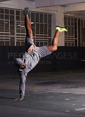 Buy stock photo Breakdance, man and handstand with fitness outdoor for training, practice and workout in warehouse. Dancer, street dance and hip hop dancing in building with performance, stunt and flexible movement
