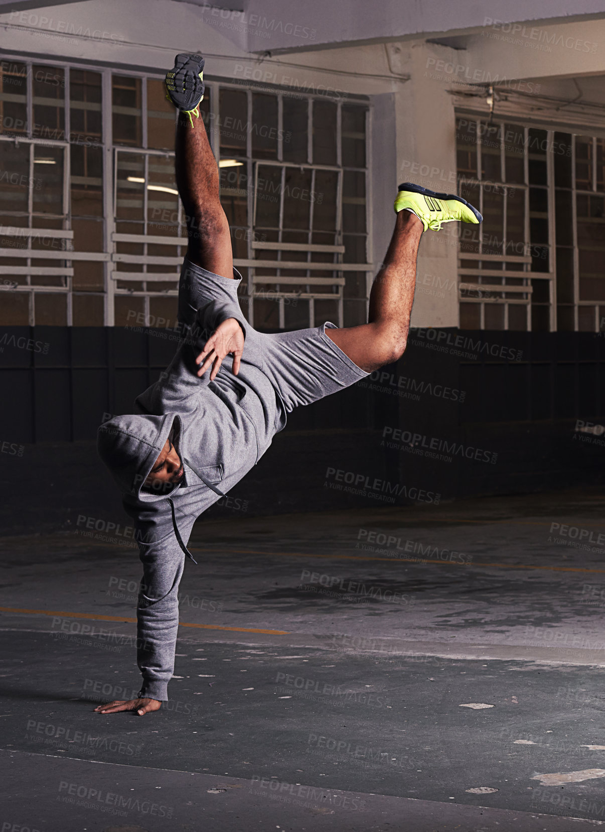 Buy stock photo Breakdance, man and handstand with fitness outdoor for training, practice and workout in warehouse. Dancer, street dance and hip hop dancing in building with performance, stunt and flexible movement