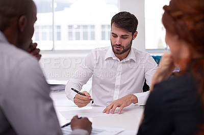 Buy stock photo Meeting, business people and planning in conference room for discussion, collaboration or idea. Office, coworkers and diverse group of employees together for teamwork, review or strategy on project