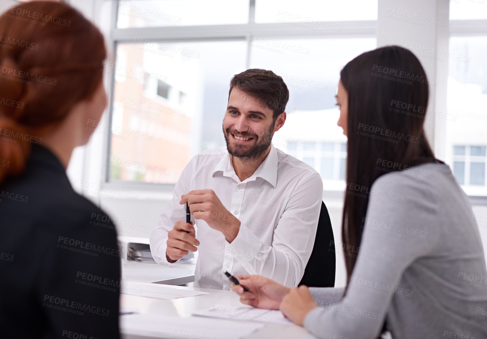 Buy stock photo Meeting, business people and colleagues in conference room for collaboration, discussion or idea. Office, coworkers and diverse group of employees together for teamwork, review or strategy on project