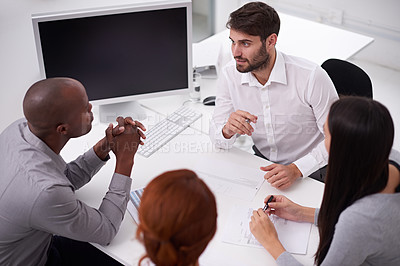 Buy stock photo Coworkers, business and meeting in conference room for collaboration, discussion or planning. Office, colleagues and diverse group of employees together for teamwork, review or strategy on project