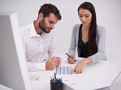 Buy stock photo Business, teamwork and collaboration on data analysis review or conversation in finance office. Accounting, report and people planning on financial spreadsheet budget together or research for project