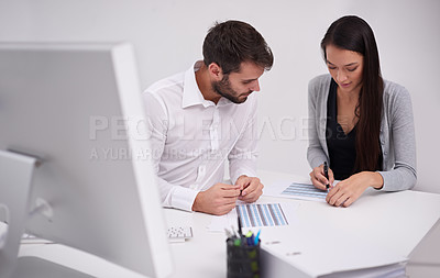Buy stock photo Business collaboration and teamwork on data analysis review or conversation in finance office. Accounting, report and people planning on financial spreadsheet budget together or research for project