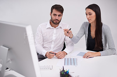 Buy stock photo Business, collaboration and data analysis on computer with teamwork or conversation in finance office. Accounting, report and people review financial spreadsheet together or planning a project budget
