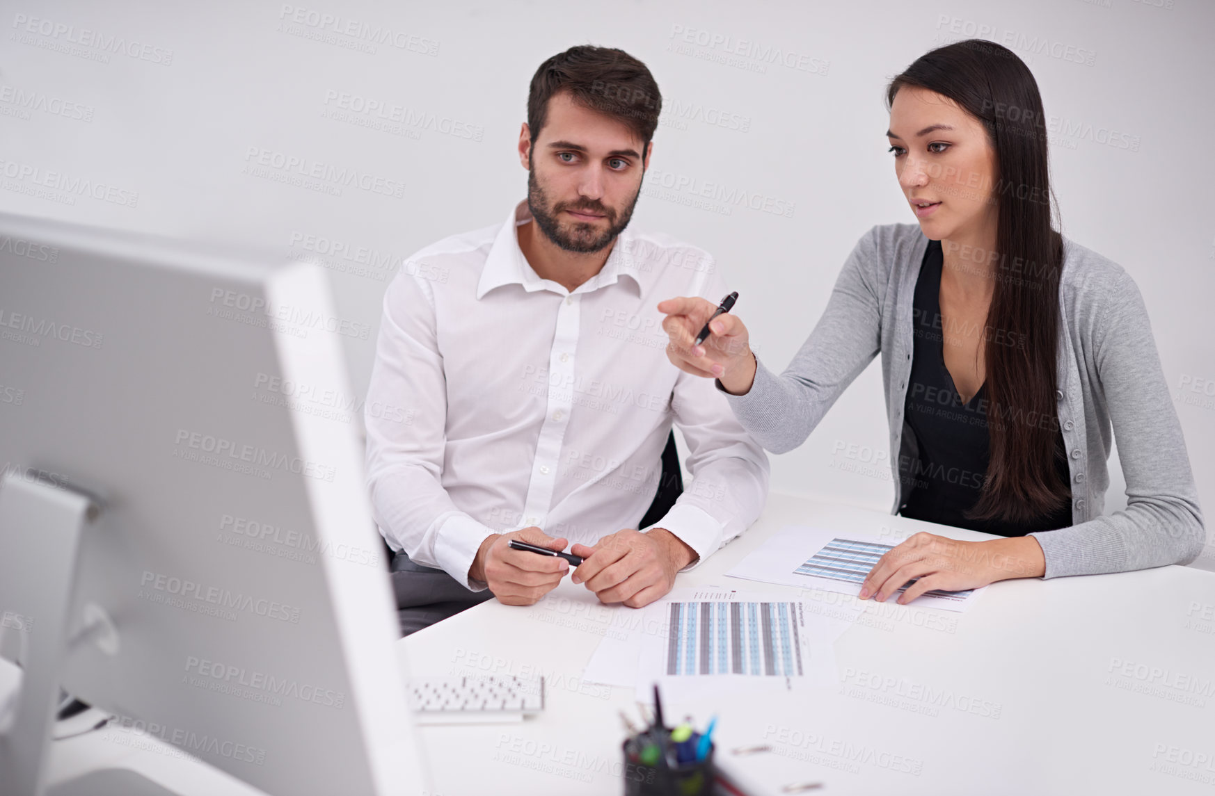 Buy stock photo Business, collaboration and data analysis on computer with teamwork or conversation in finance office. Accounting, report and people review financial spreadsheet together or planning a project budget