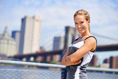 Buy stock photo Woman, portrait and confident in city for fitness morning routine, wellness and exercise for active cardio. Female person, happy and runner or athlete for sports hobby or training workout in New York