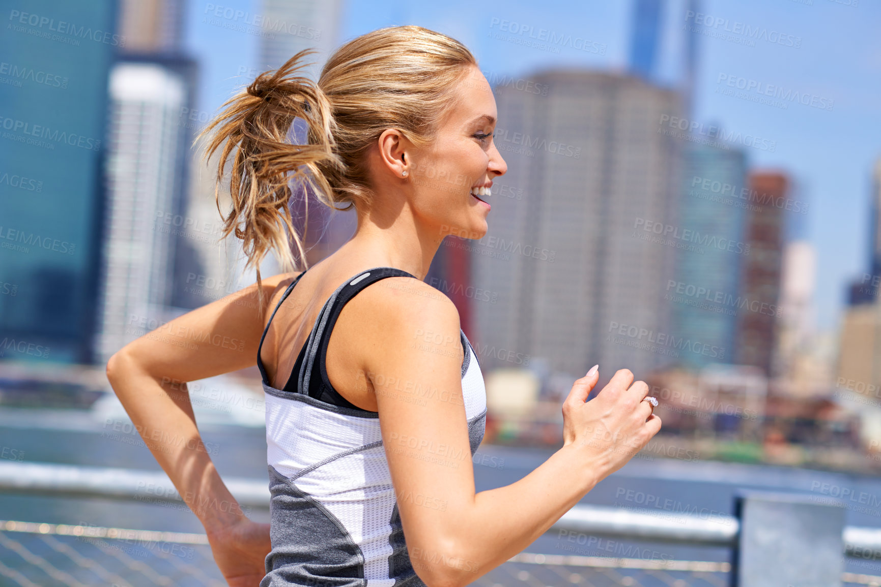Buy stock photo Woman, excited and running for fitness in city, jogging active and fit female person exercising in New York. Energy, marathon for sports training and workout for athlete, cardio wellness or endurance