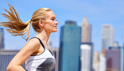 Buy stock photo Woman, outside and running for fitness in city, jogging active and fit female person exercise in New York. Energy, wellness marathon for sports training and workout for athlete, cardio for endurance