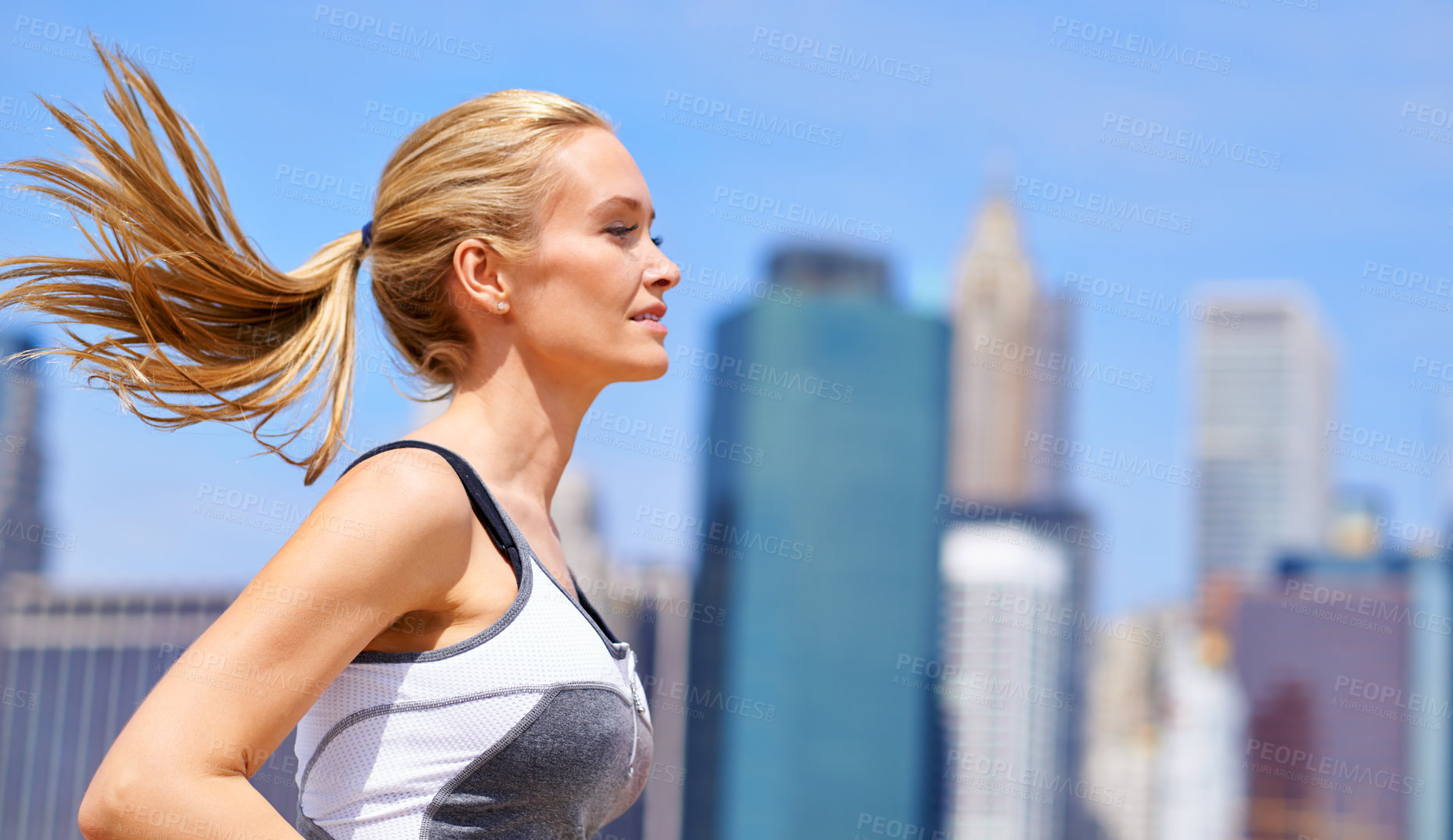 Buy stock photo Woman, outside and running for fitness in city, jogging active and fit female person exercise in New York. Energy, wellness marathon for sports training and workout for athlete, cardio for endurance