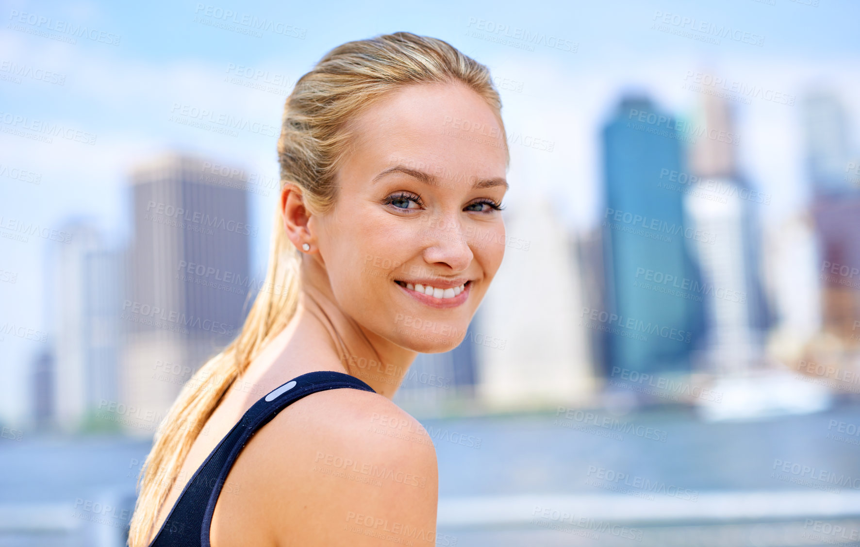 Buy stock photo Woman, workout and portrait by river in city for morning routine, wellness and exercise for active cardio. Female person, happy and fitness runner or athlete for sports hobby or training in New York.