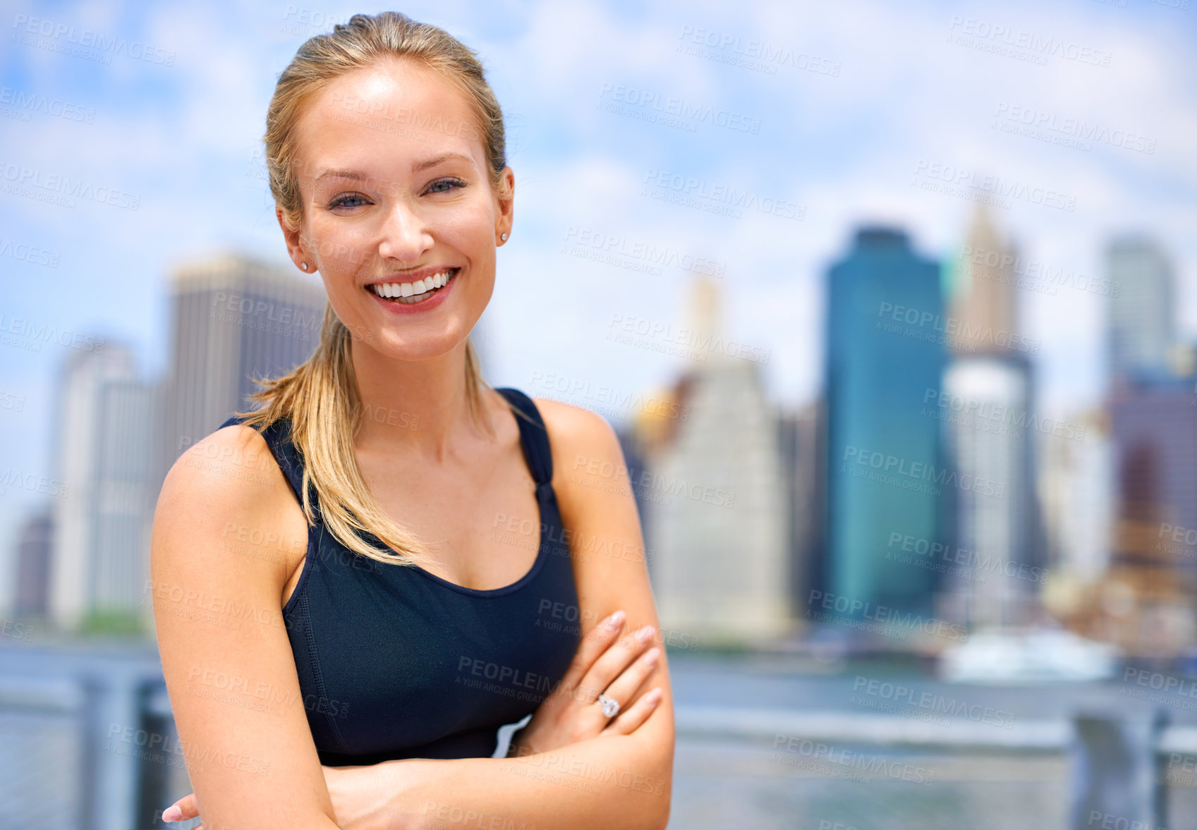 Buy stock photo Workout, portrait and woman with arms crossed for fitness, morning exercise or running competition in city. Smile, wellness and face of female person for cardio, energy and confidence in New York